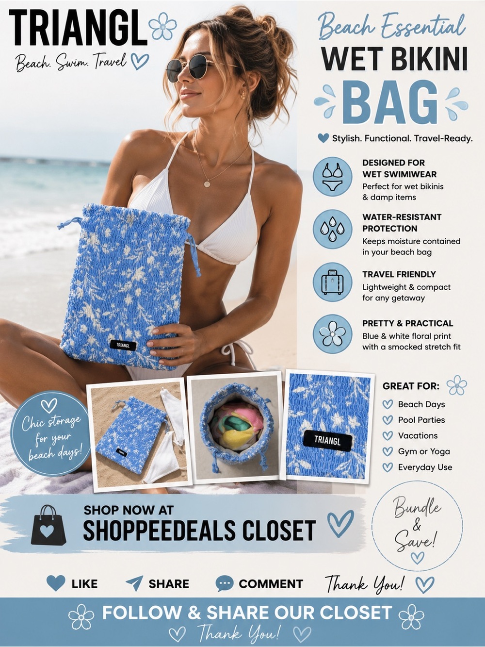 TRIANGL Blue & White Floral Smocked Wet Bikini Beach Bag | Lined Swim Pouch
